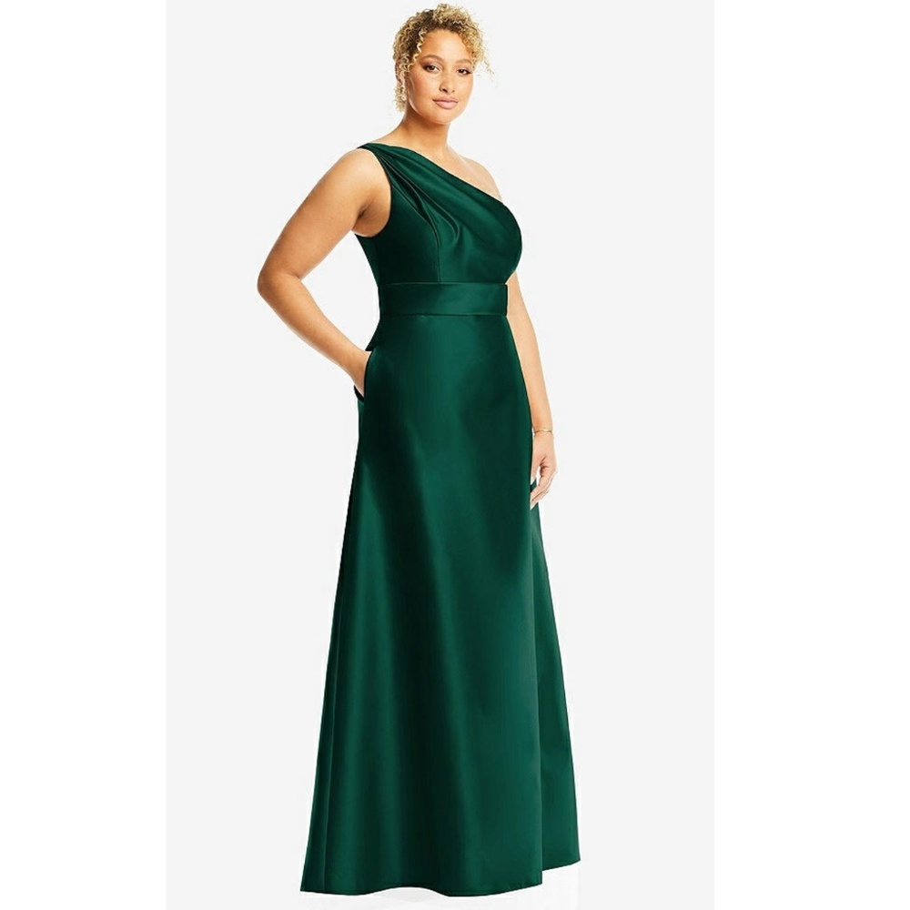 Alfred Sung: DRAPED ONE-SHOULDER SATIN MAXI DRESS WITH POCKETS (NWT) - Picture 3 of 6